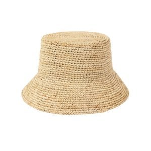 High quality handmade crochet raffia straw bucket hat straw hats with custom logo flat top straw Flippable hats summer women